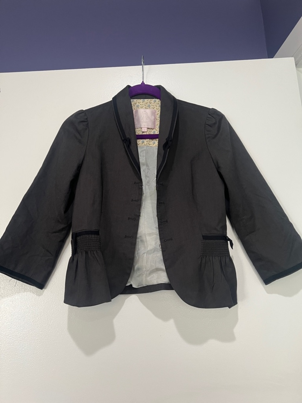 Rebecca Taylor charcoal gray with black trim Peplum-Style Cropped Blazer size 2